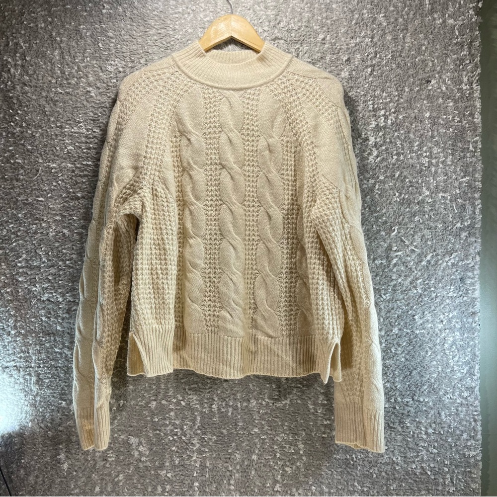 J CREW Women Ivory Cable Knit Alpaca Acrylic Blend Sweater Relax Boho Fisherman